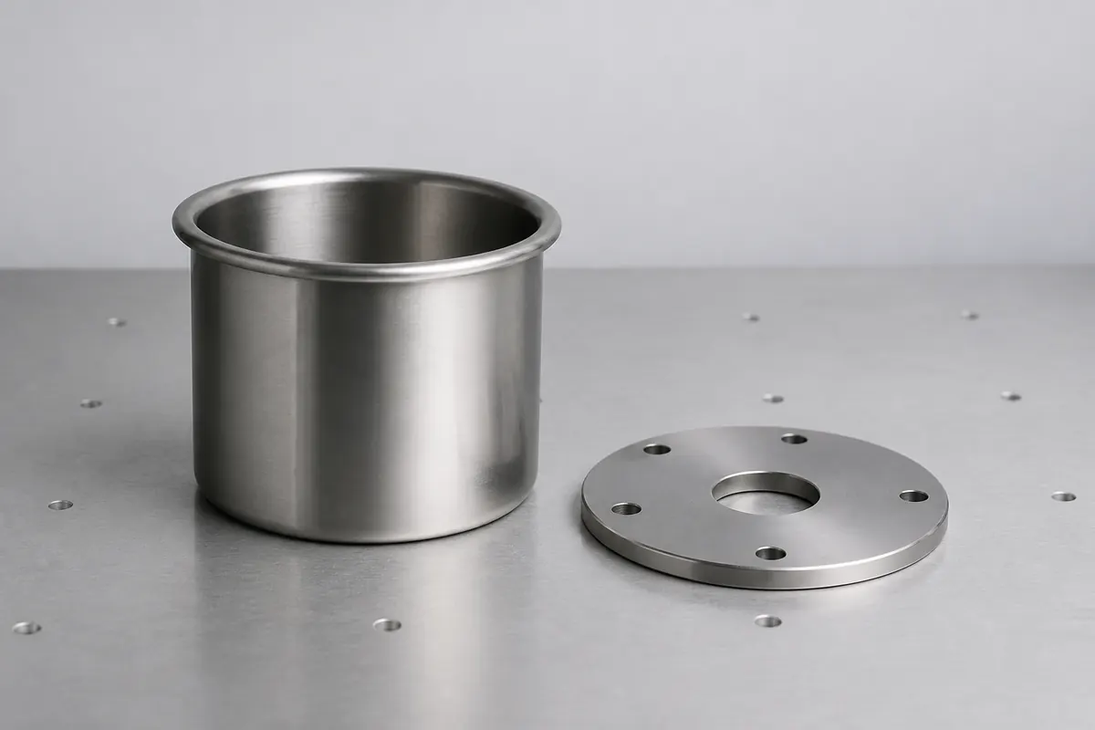 A 316 stainless deep-drawn cylindrical housing beside its flat base plate