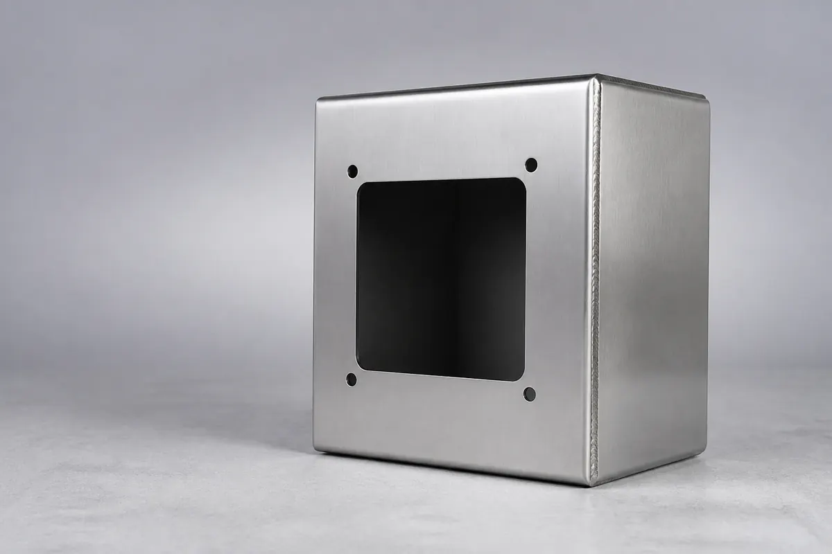 A folded and welded 304 stainless sheet-metal control enclosure with a laser-cut aperture