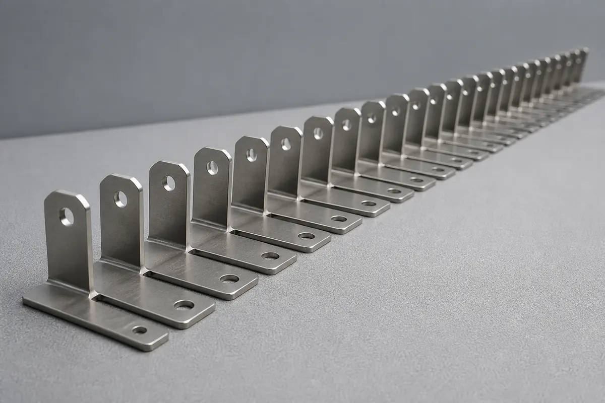 A batch of identical stamped 430 stainless brackets with punched holes on an inspection bench