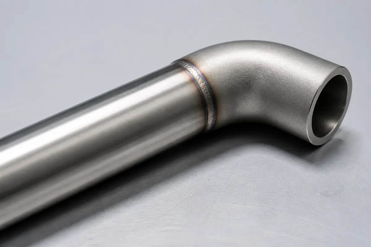 A welded 304 stainless tube and elbow assembly with a narrow TIG weld bead