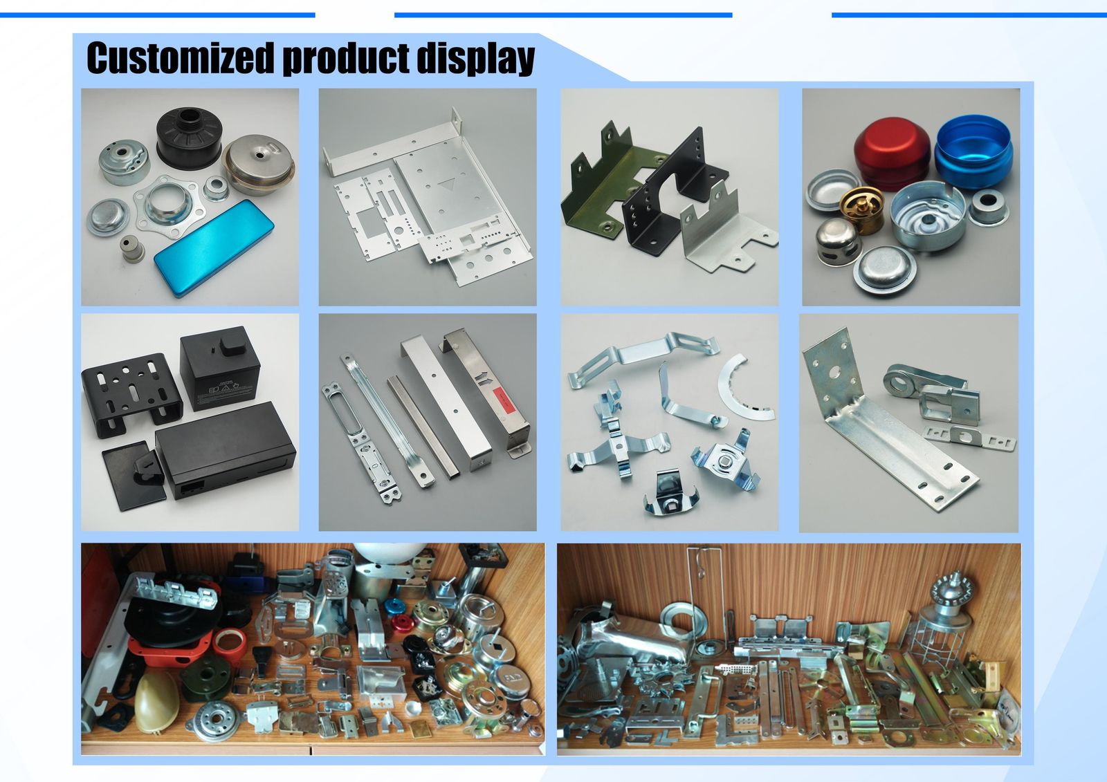 Display wall of customized metal parts including stamped pulleys, brackets, caps and hinges