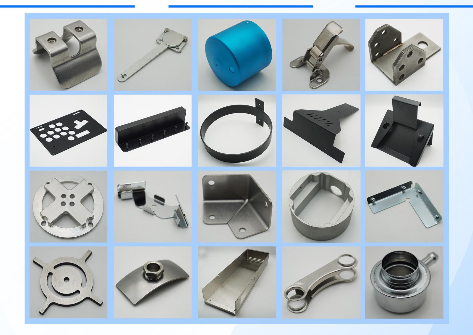 Grid of twenty custom metal parts including stainless steel brackets, rings and mounting plates