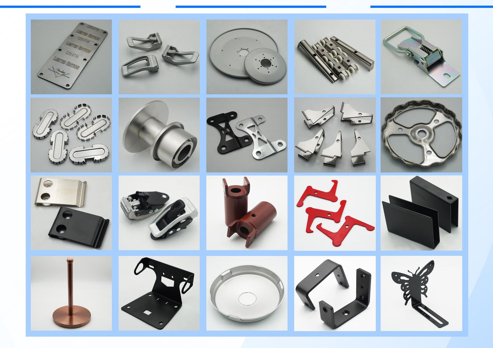 Grid of custom stamped metal parts including brackets, plates and pulleys
