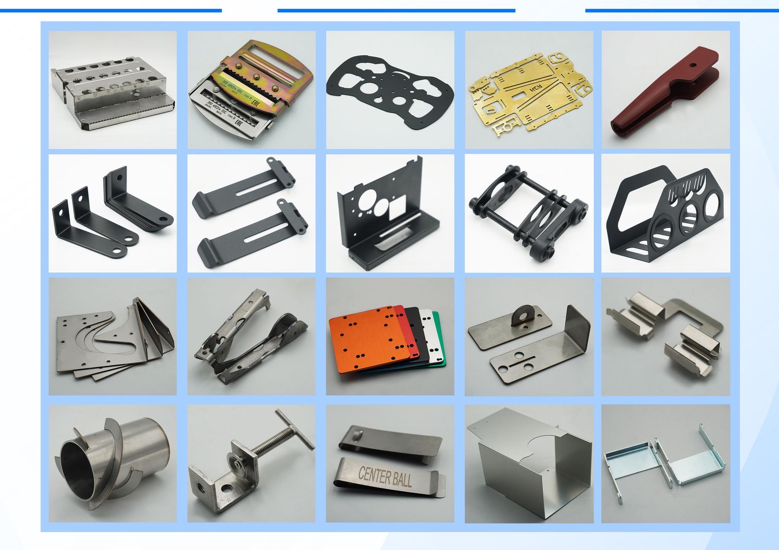 Grid of zinc-plated custom metal brackets, hinges and stamped housings
