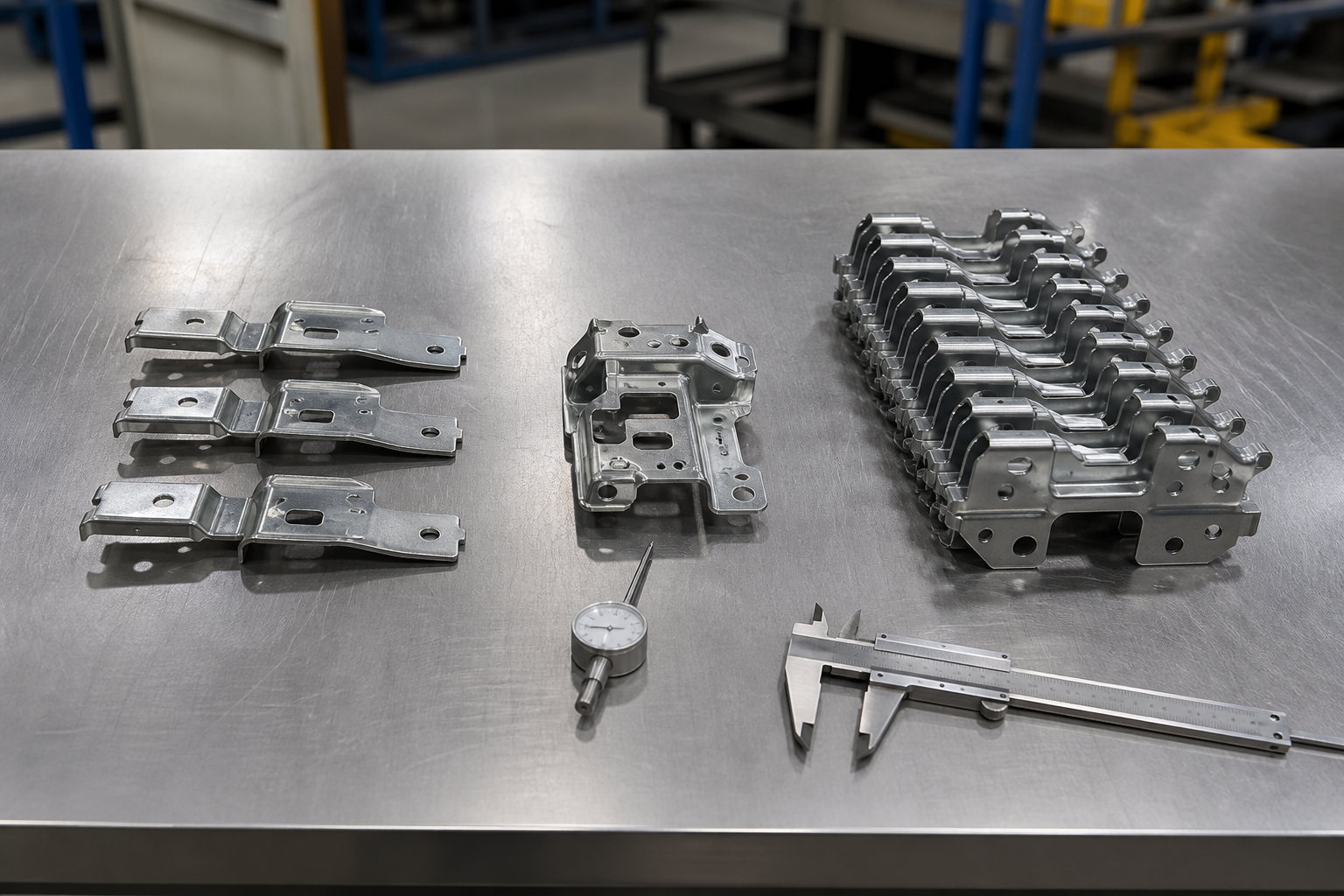 Stamped sheet metal brackets and housings on a steel table with a dial indicator and caliper